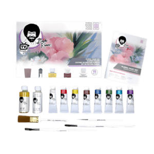 A set of paint and brushes for painting flowers.