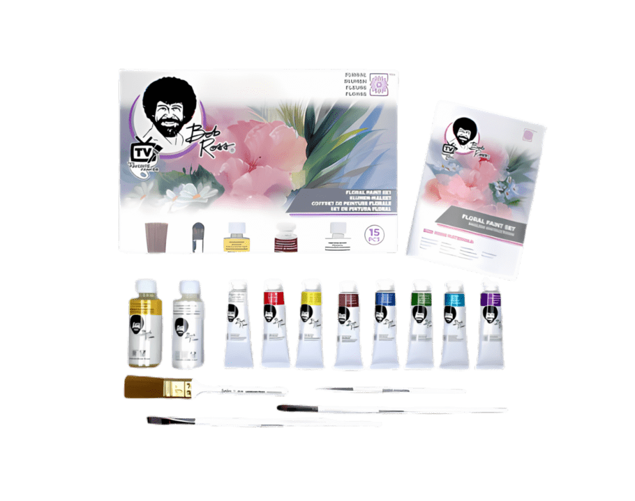 A set of paint and brushes for painting flowers.