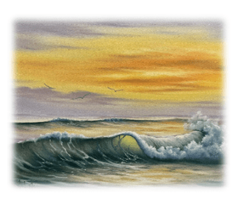 A painting of the ocean waves at sunset.