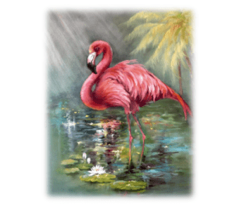 A painting of a flamingo standing in water.