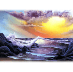 A painting of the ocean with waves crashing on it.