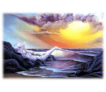 A painting of the ocean with waves crashing on it.