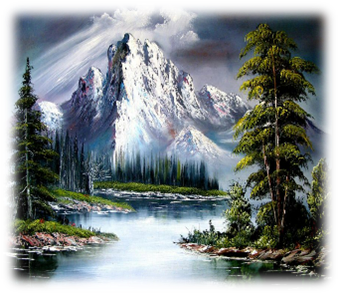 A painting of a mountain with trees and water