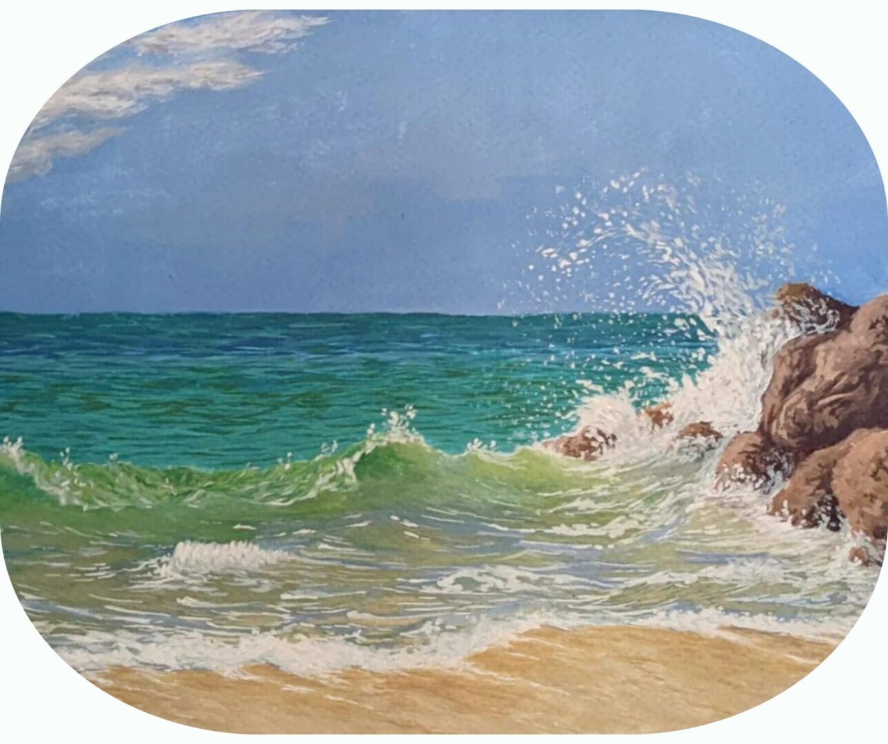 Person swimming near rocky shore with waves and distant mountain.