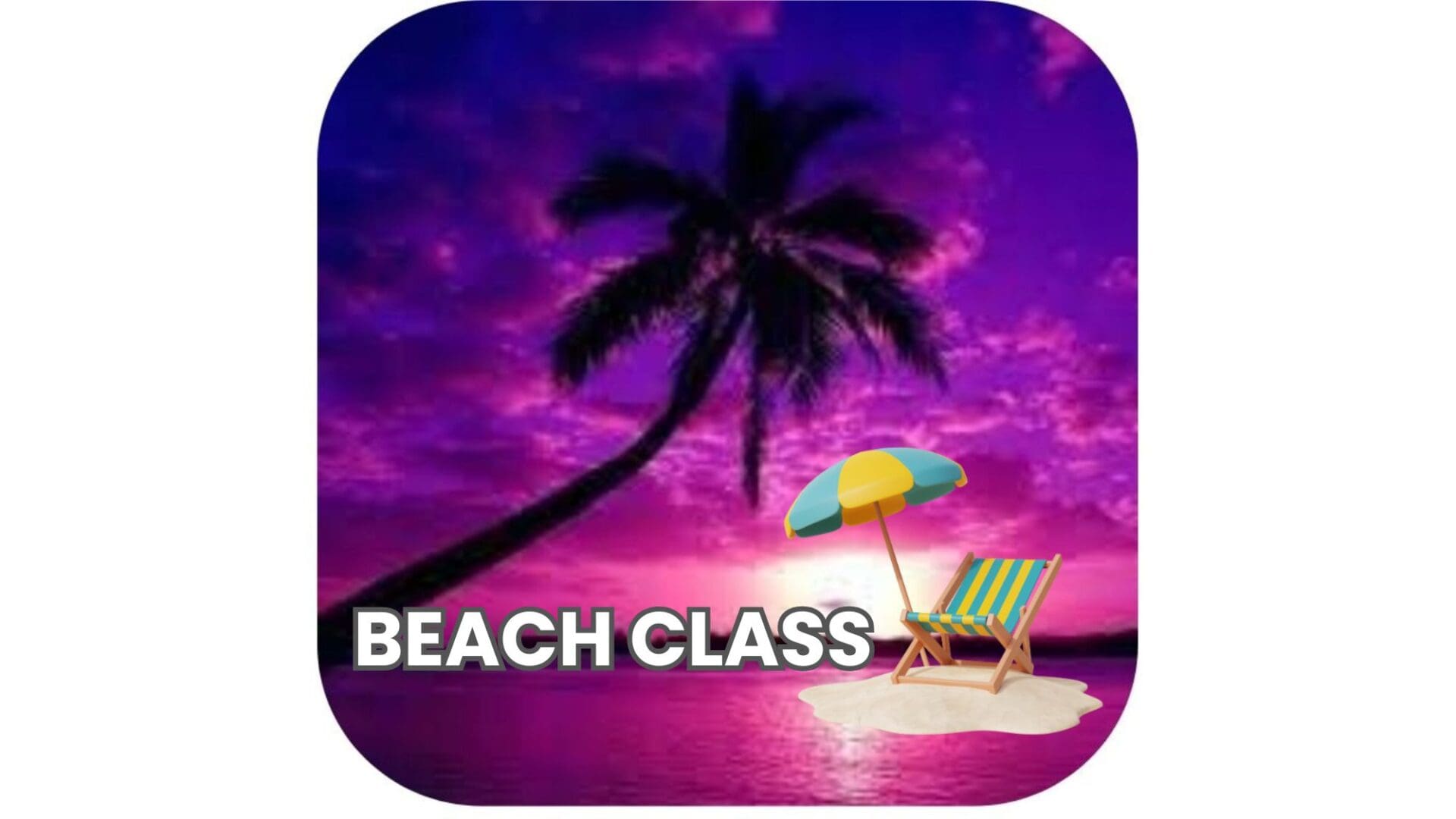 Tropical beach scene with palm tree, umbrella, and lounge chair at sunset.