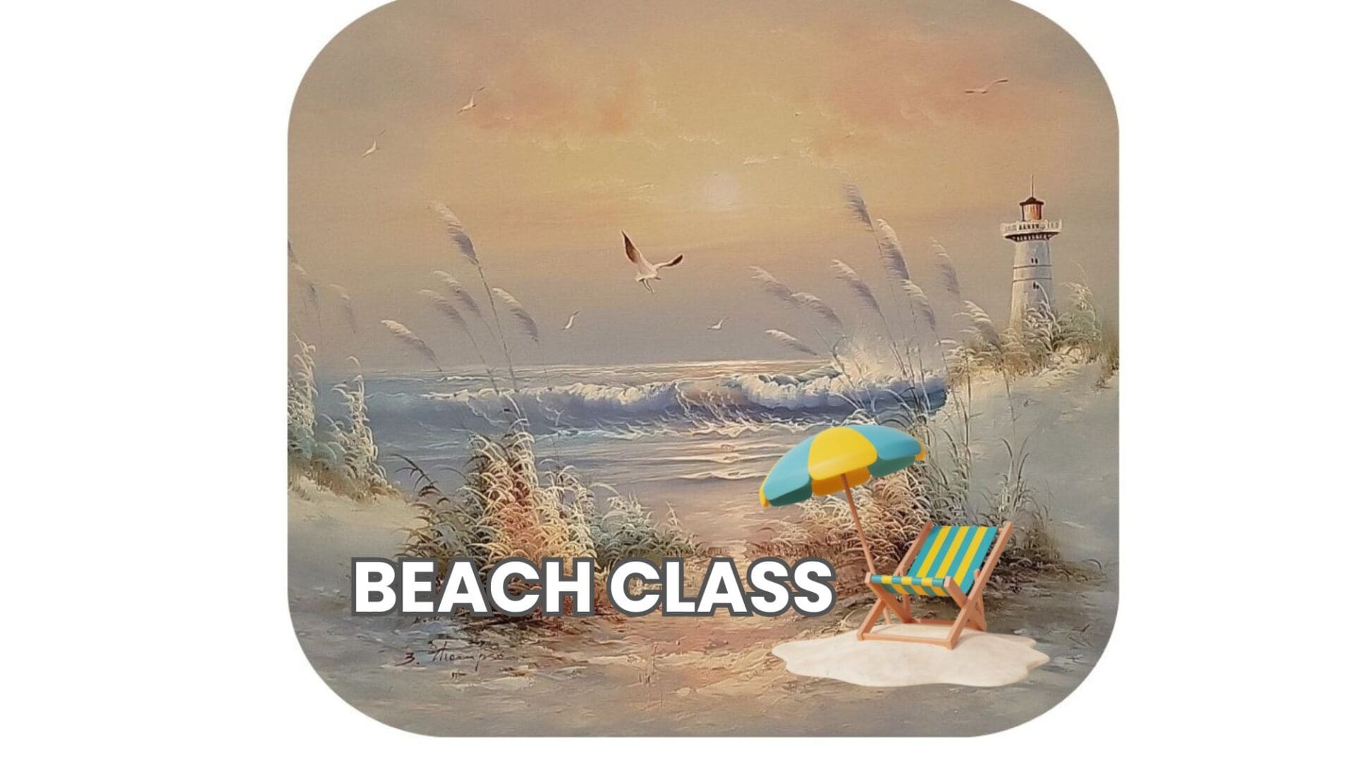 Serene beach scene with chairs, umbrella, and seagulls at sunset.