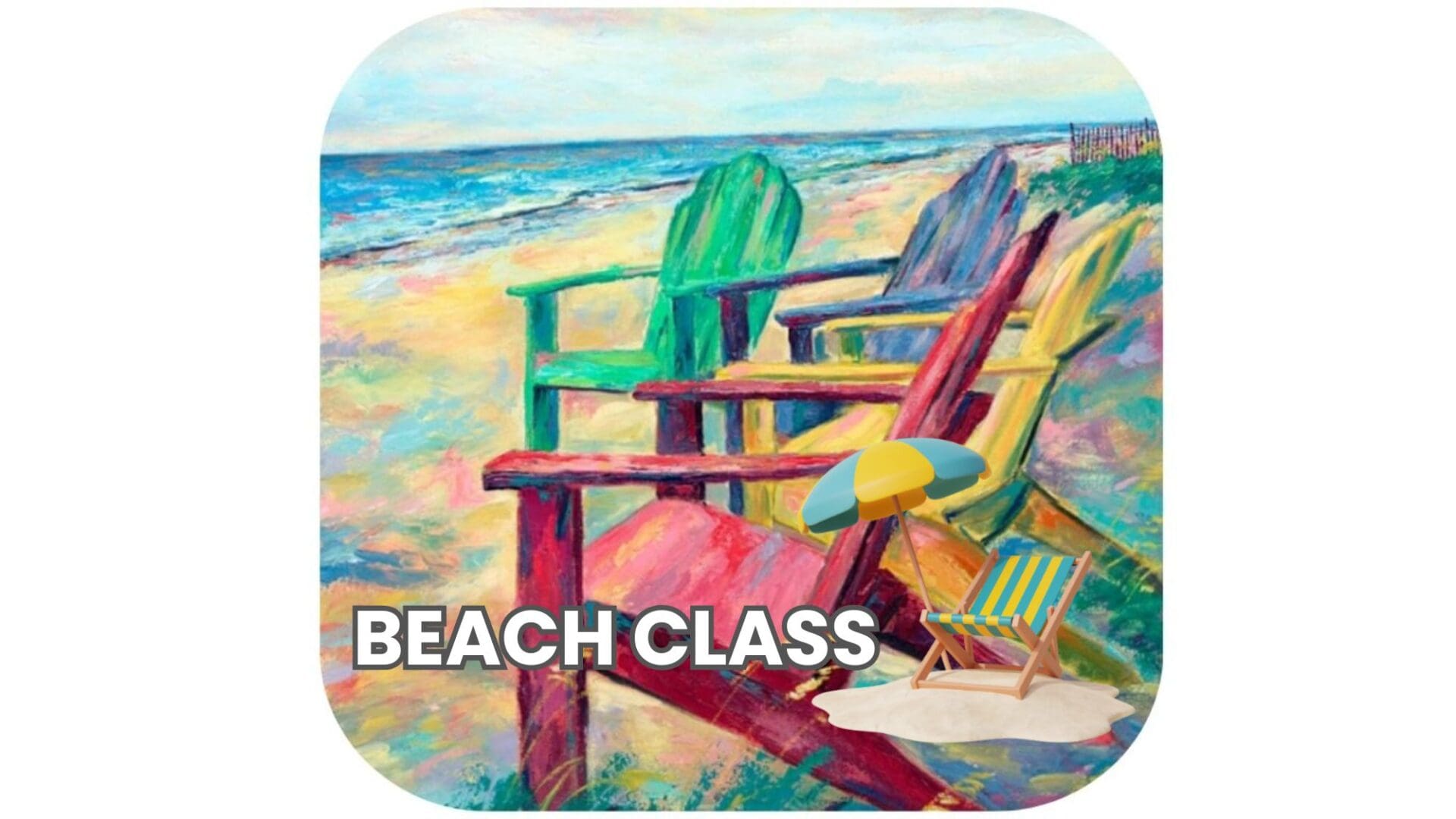 Colorful Adirondack chairs on a sandy beach with ocean view.