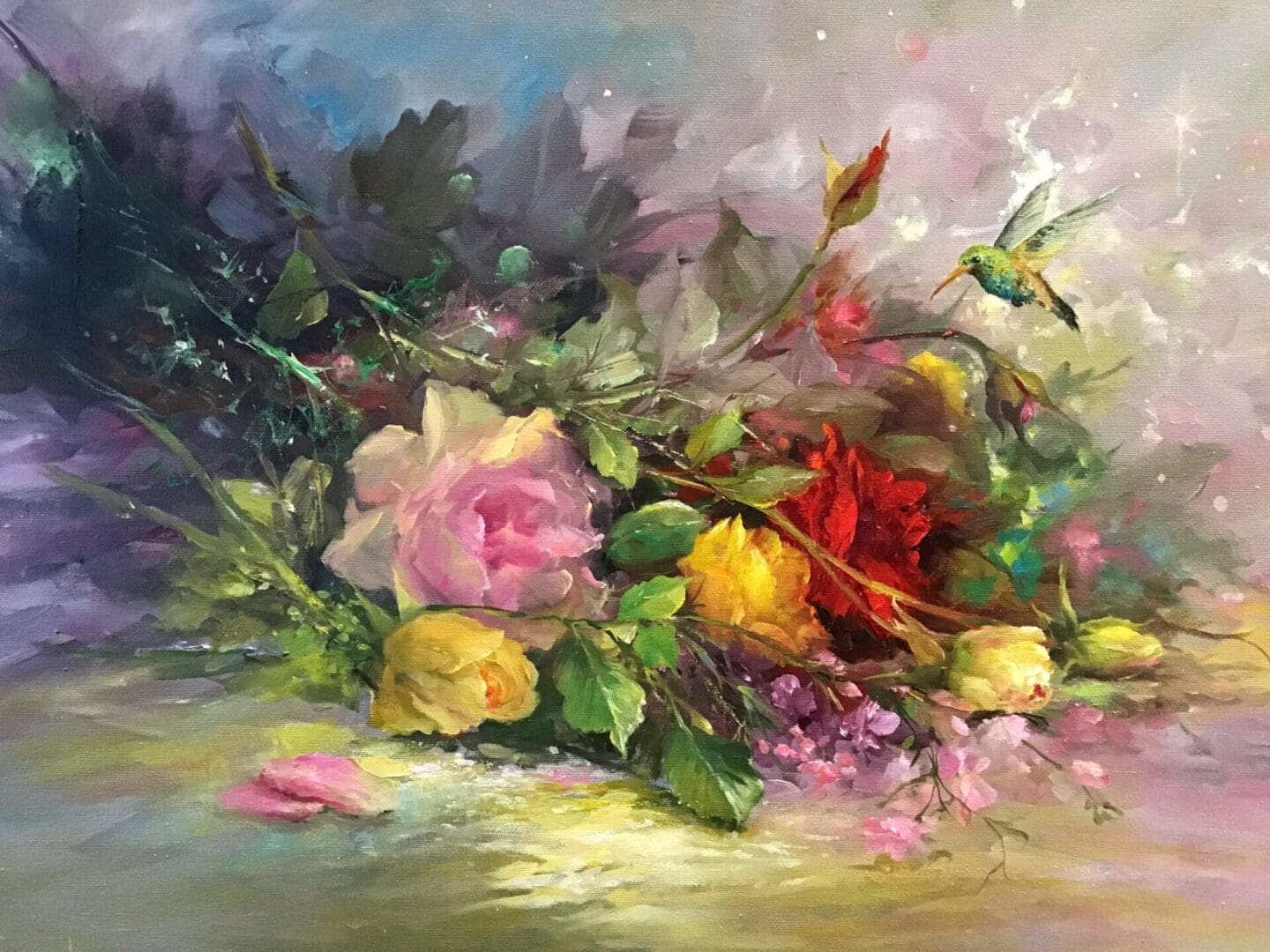 A vibrant oil painting of assorted flowers in soft, blended colors.