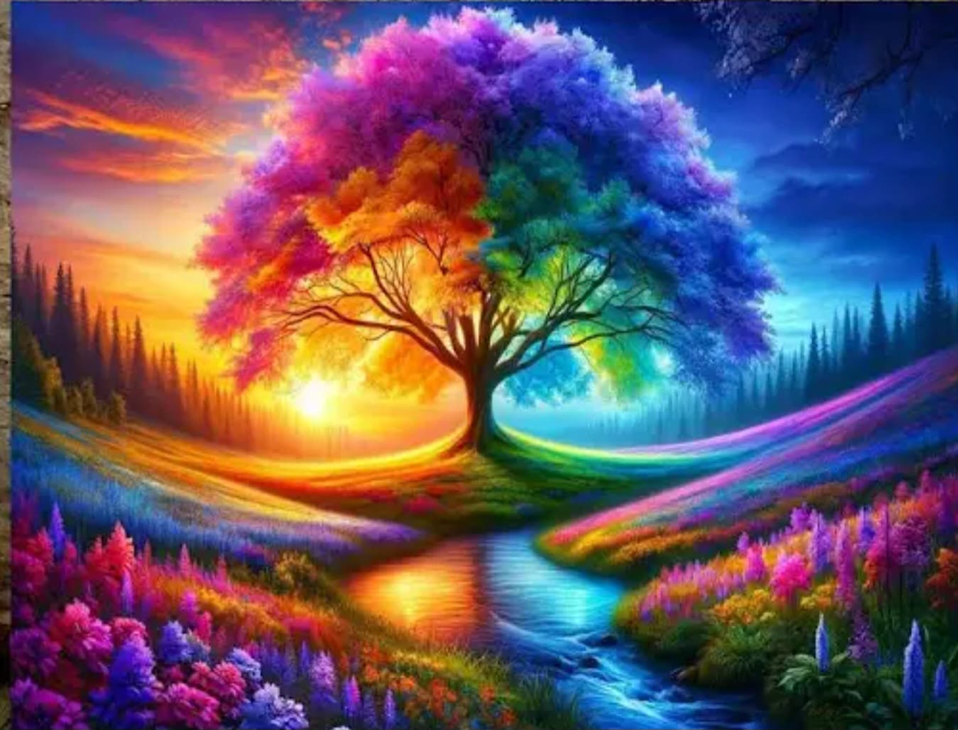 Vibrant tree in colorful, surreal landscape.