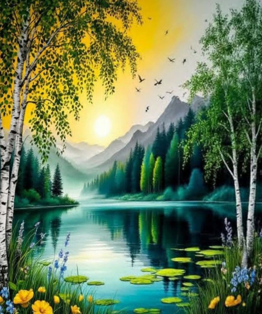 Sunset over a serene mountain lake scenery.