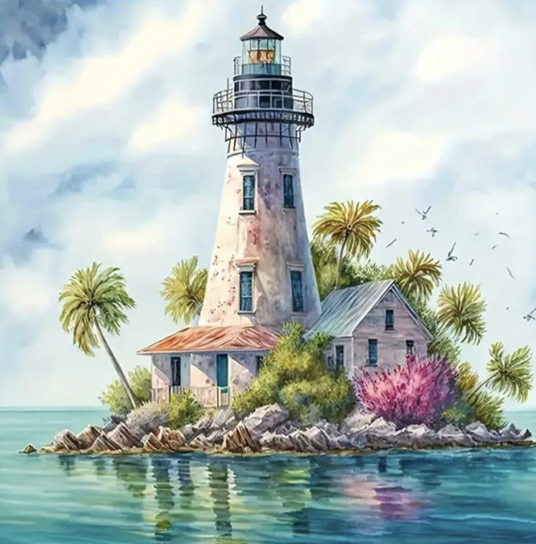 Lighthouse on island with palm trees.