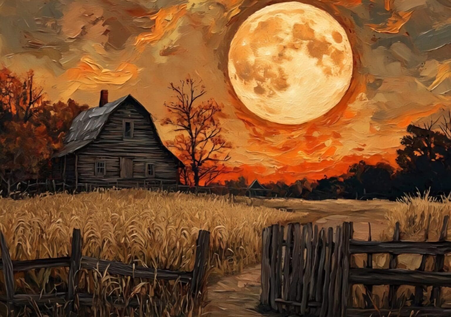 Rustic house under large, glowing harvest moon.