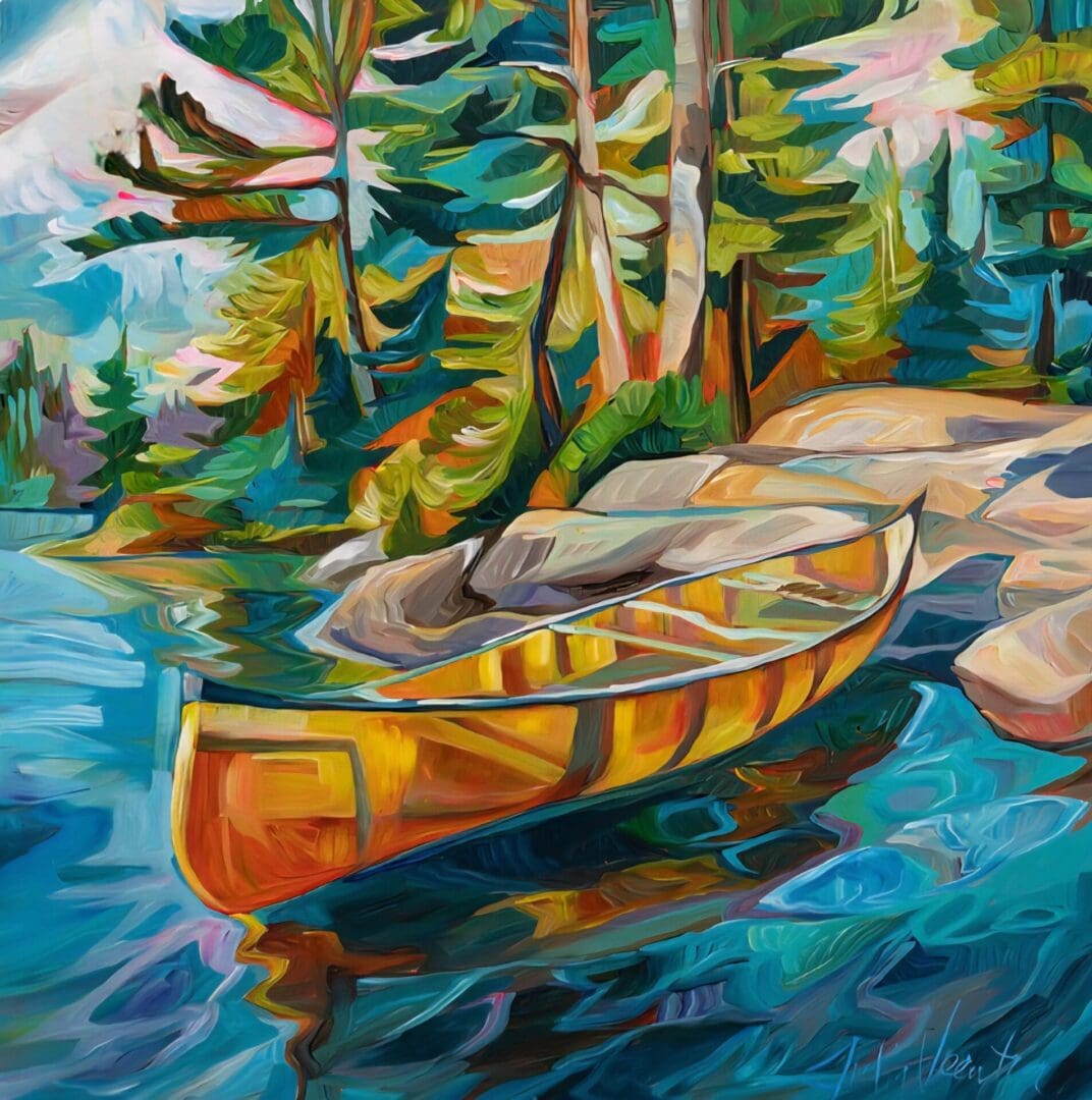 Colorful painting of a canoe by trees.