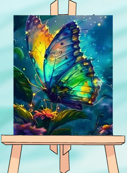 Colorful butterfly painting on an easel.