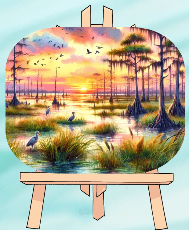 Colorful swamp landscape with birds at sunset.