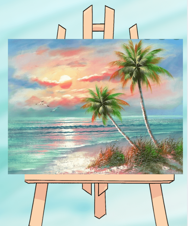 Painting of tropical beach scene on easel.