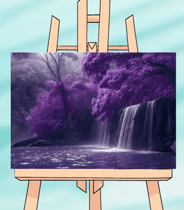 Purple forest waterfall painting on easel.