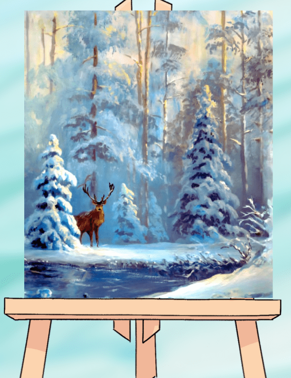 Deer in snowy forest painting on easel.
