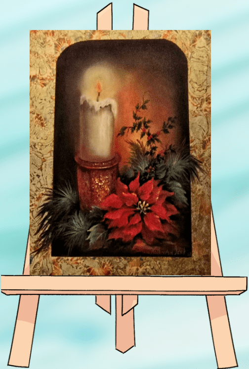 Painting of candle with poinsettia on easel.