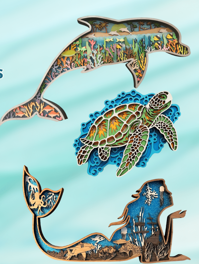 Dolphin, turtle, and mermaid layered wood art