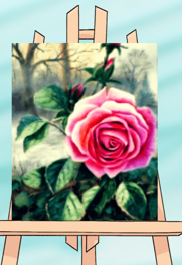 Painting of a pink rose on easel.