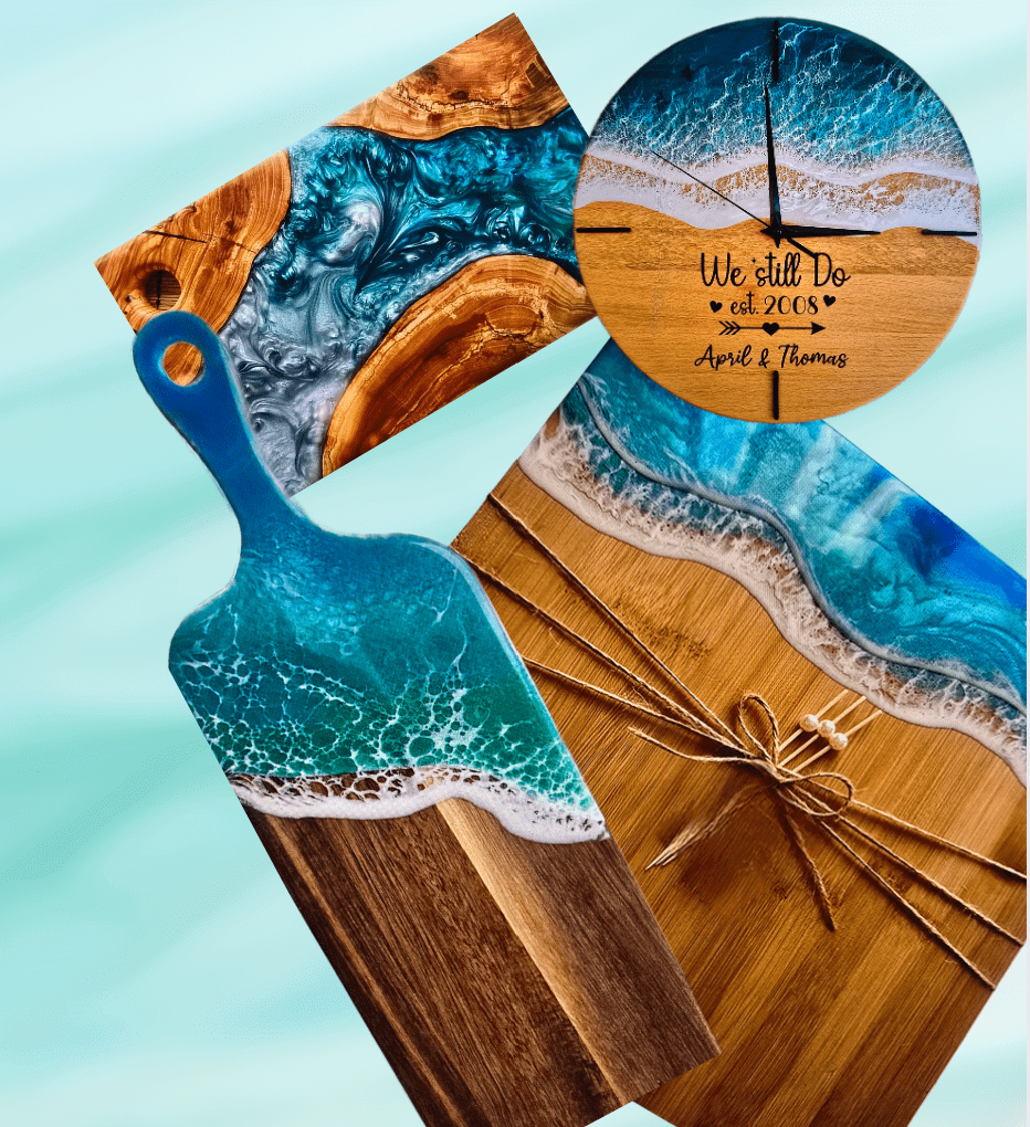 Ocean-themed wooden cutting boards and decor.