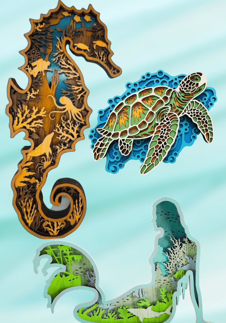 Seahorse, turtle, mermaid wooden art pieces.