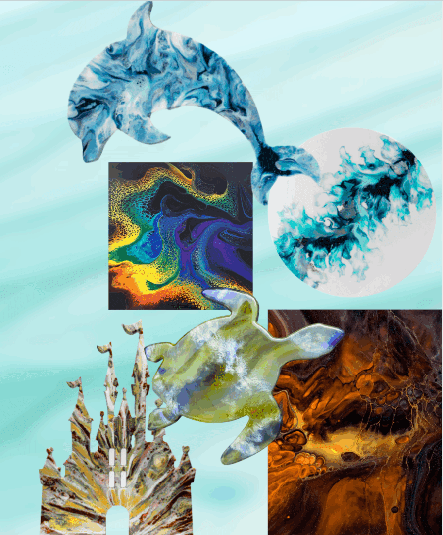 Abstract marine-themed collage with vibrant colors.