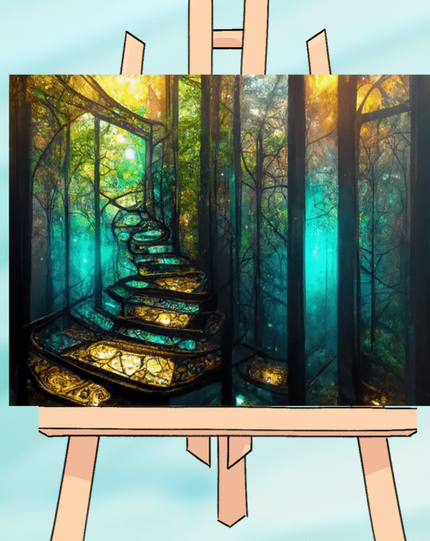 Enchanted forest painting on an easel.