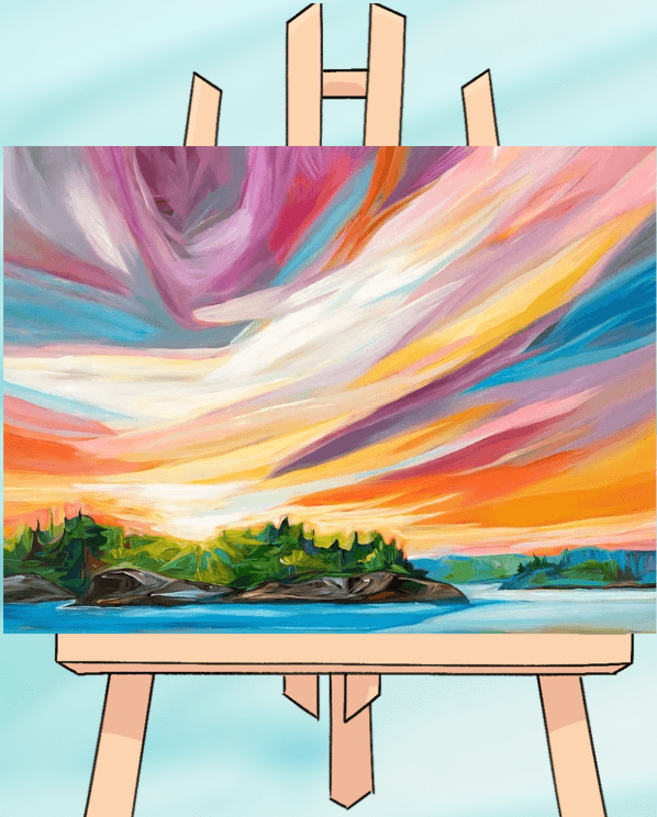 Colorful landscape painting on wooden easel.