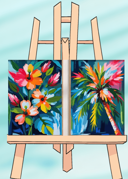 Paintings of colorful flowers and palm tree.