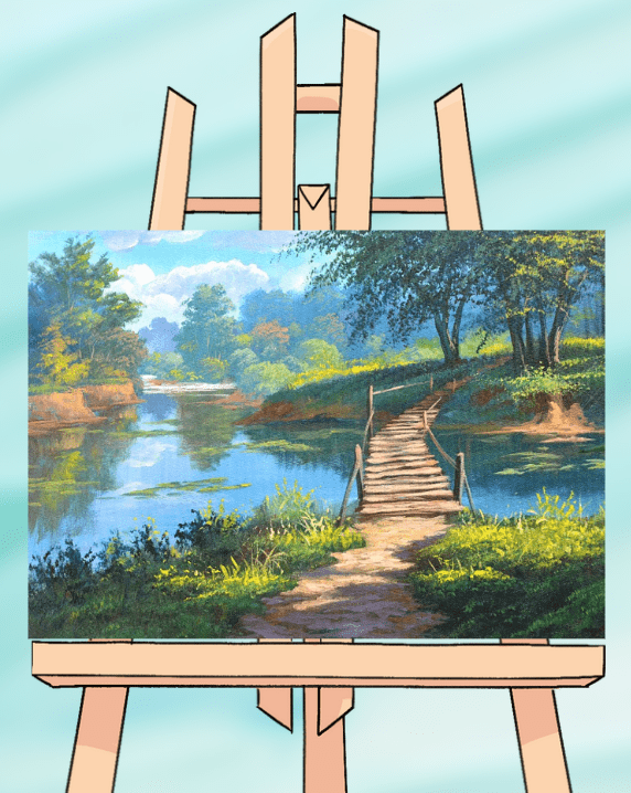 Painting of a scenic riverside landscape.