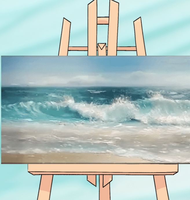 Painting of waves on an easel.