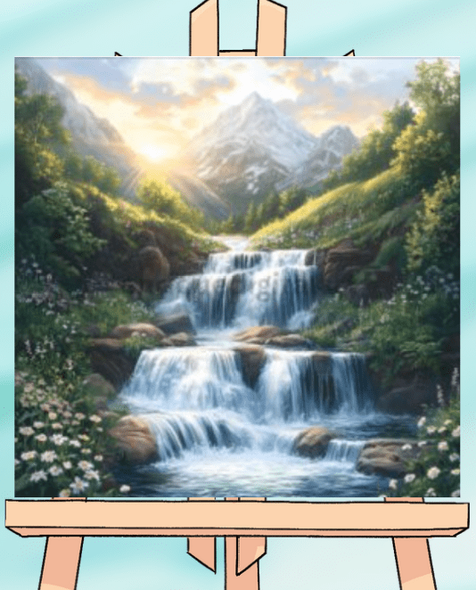 Painting of waterfall with mountains and sunlight.