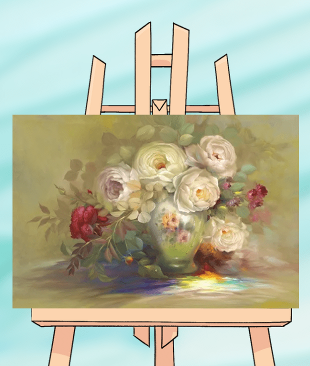 Painting of flowers on an easel.