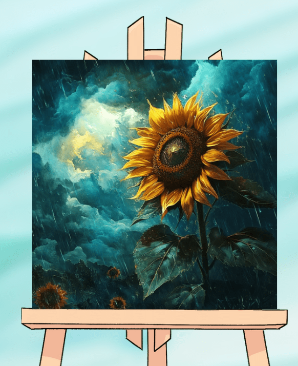 Sunflower painting on an easel, stormy background.