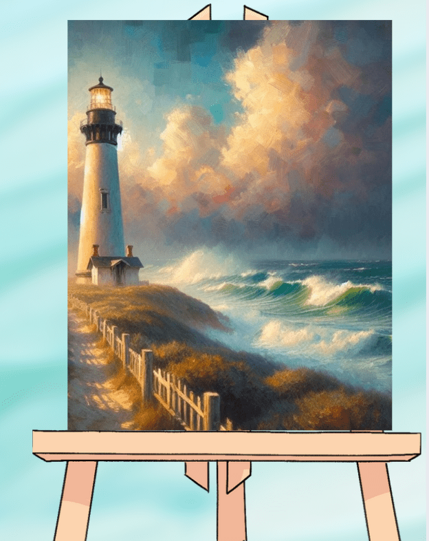 Lighthouse seascape painting on wooden easel
