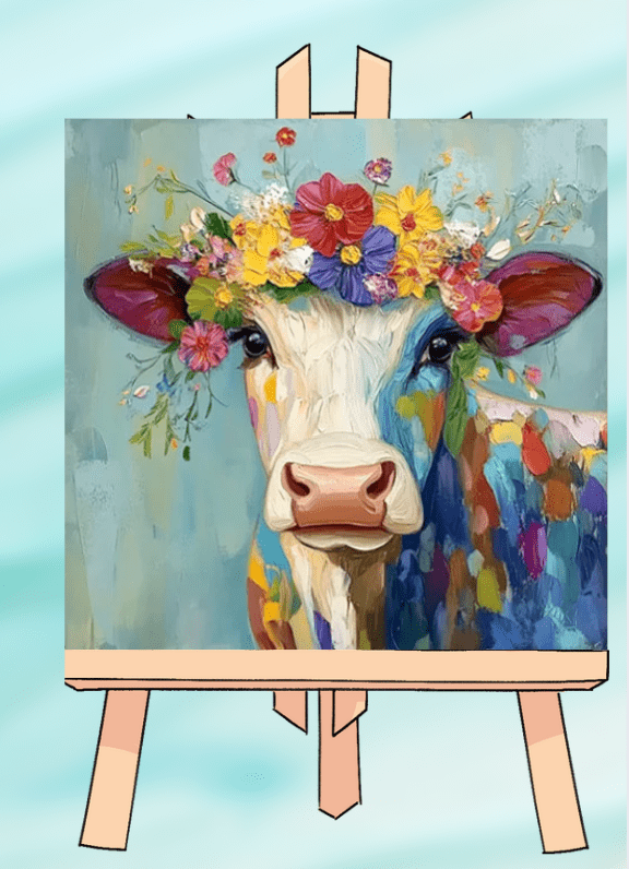 Colorful cow painting on wooden easel.