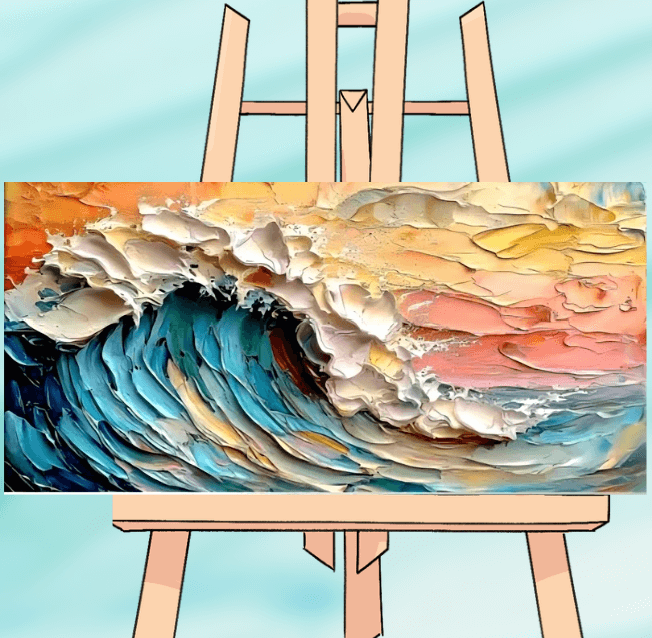 Colorful ocean wave painting on easel.