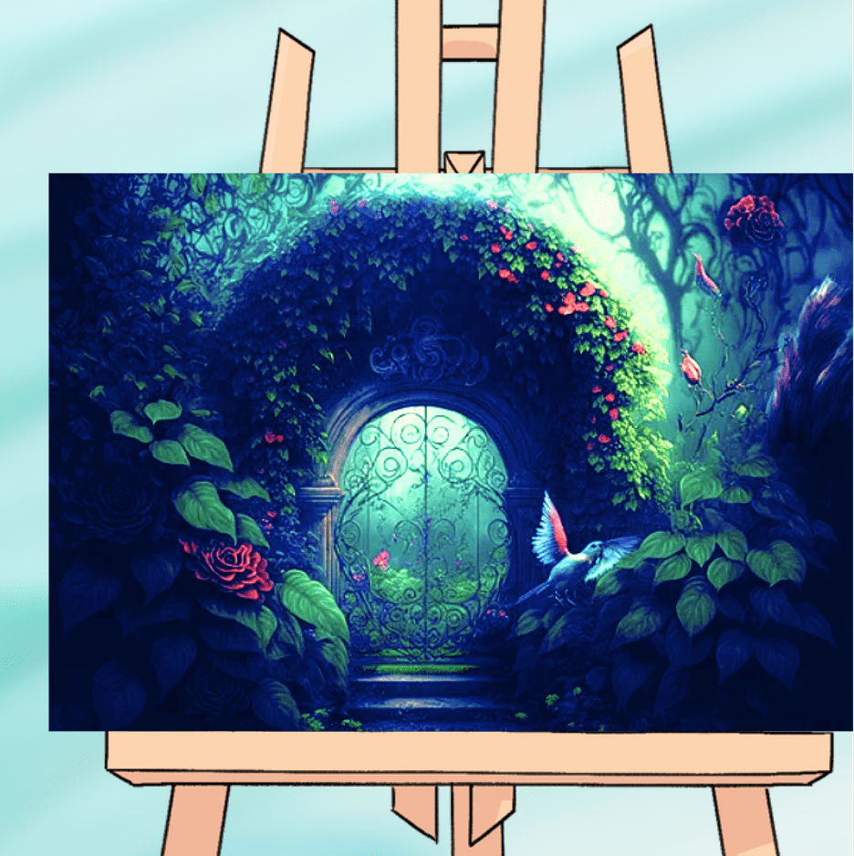 Enchanted garden gate with vibrant flowers.