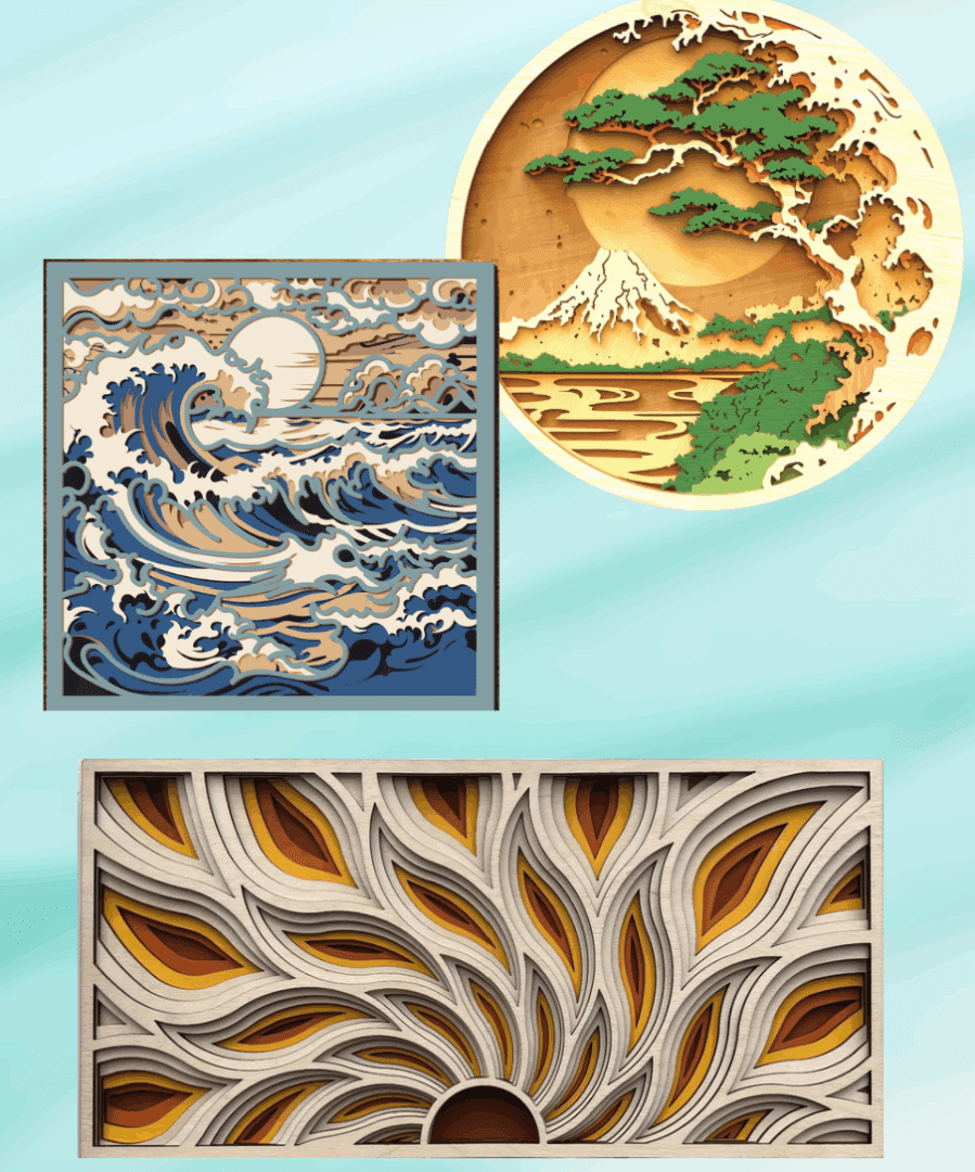 Abstract nature-inspired paper cut artworks display.