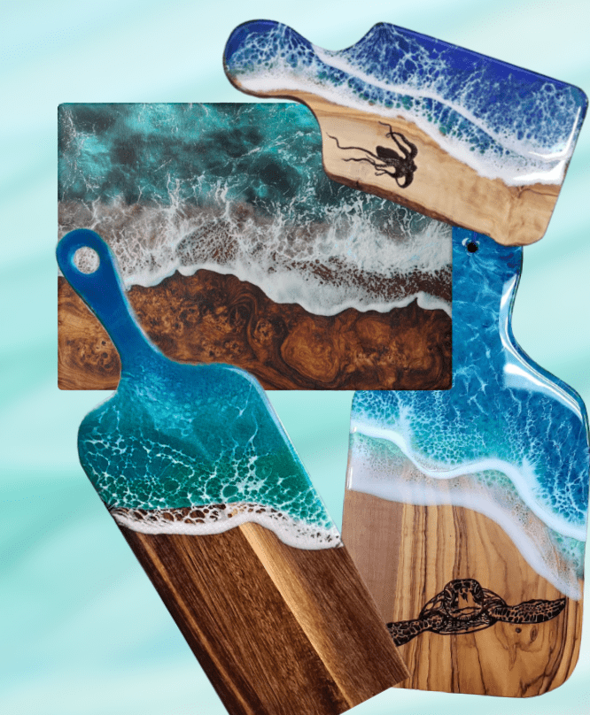 Ocean-themed resin and wood serving boards.