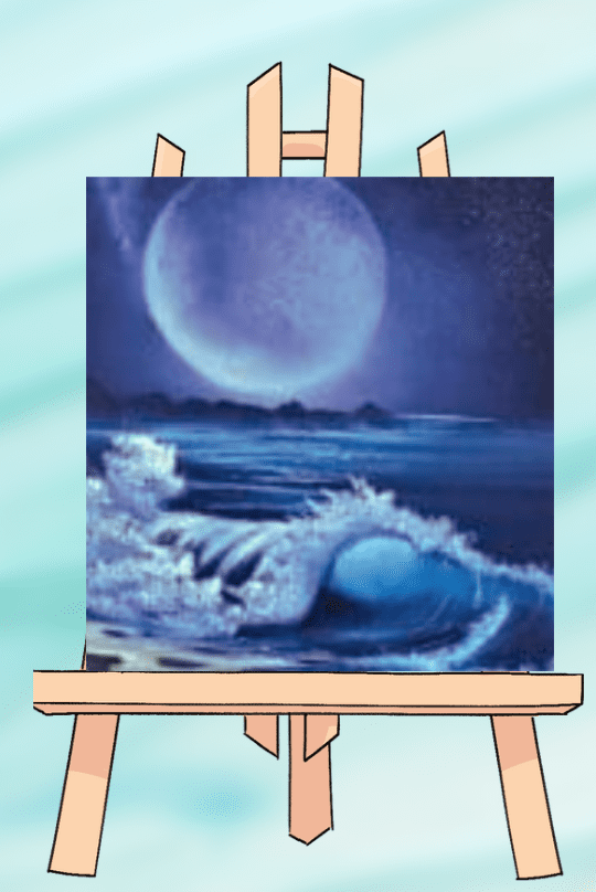Easel with painting of moonlit ocean scene.