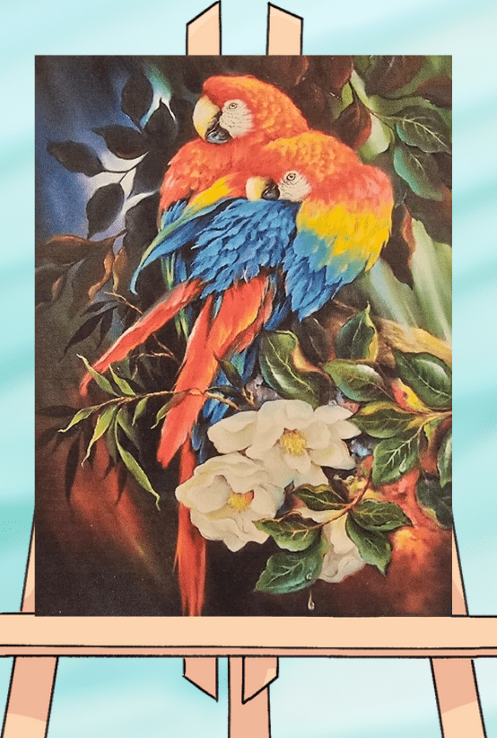 Colorful parrots perched on a branch painting.