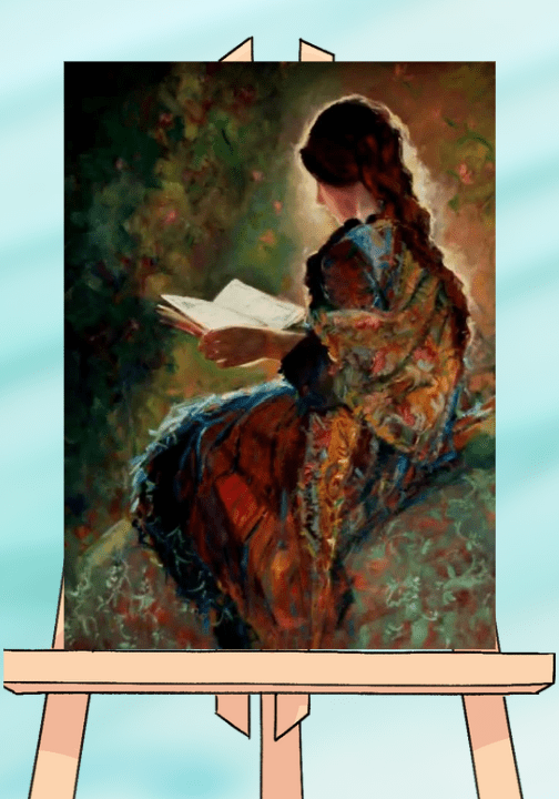 Woman reading book in colorful painting.