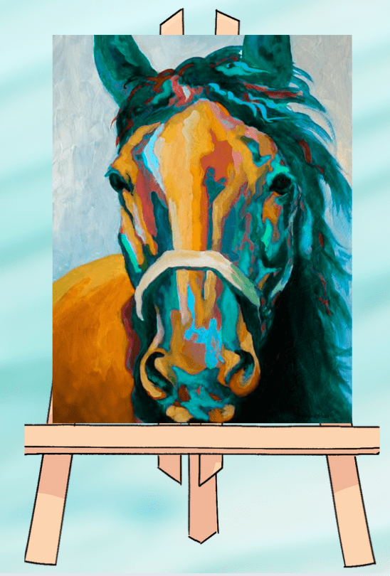 Colorful horse painting on an easel.