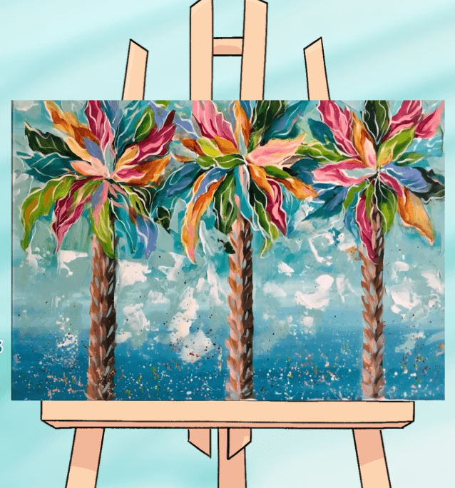 Colorful palm trees painting on an easel.