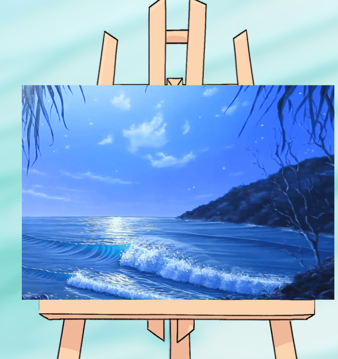 Painting of a serene moonlit beach scene.