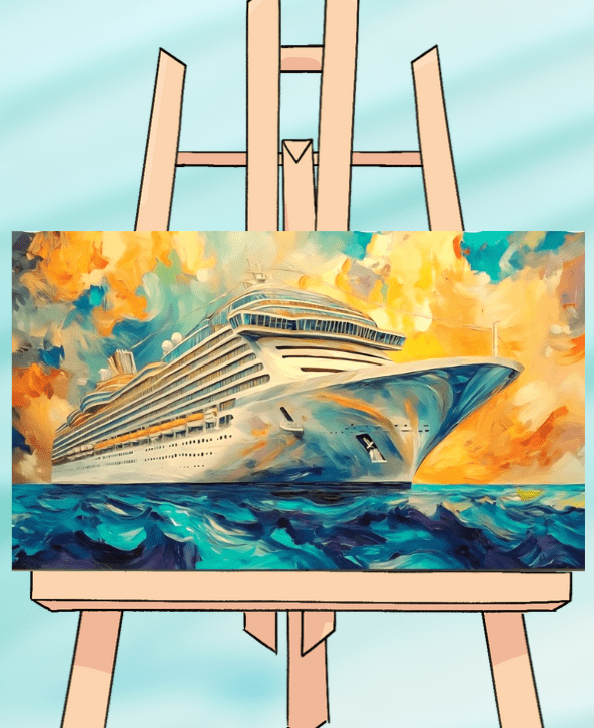 Painting of cruise ship on an easel.