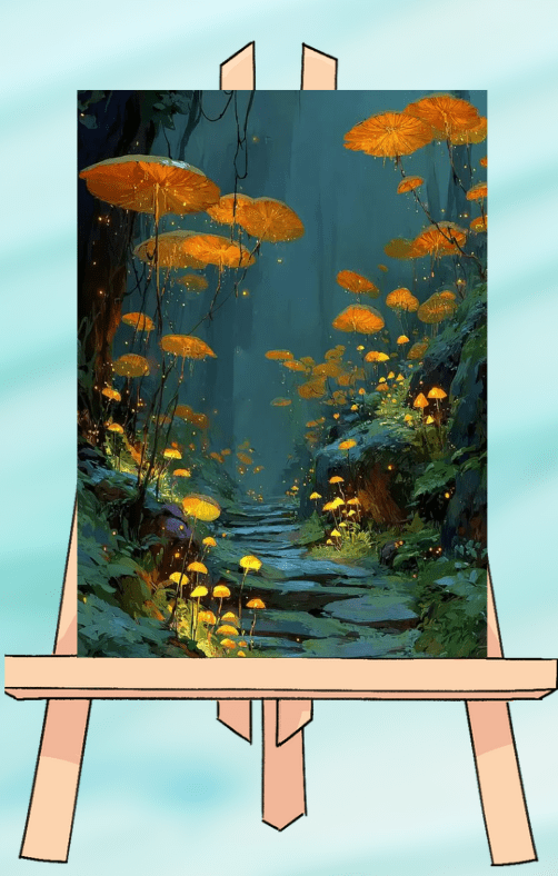 Painting of glowing mushrooms on forest path.